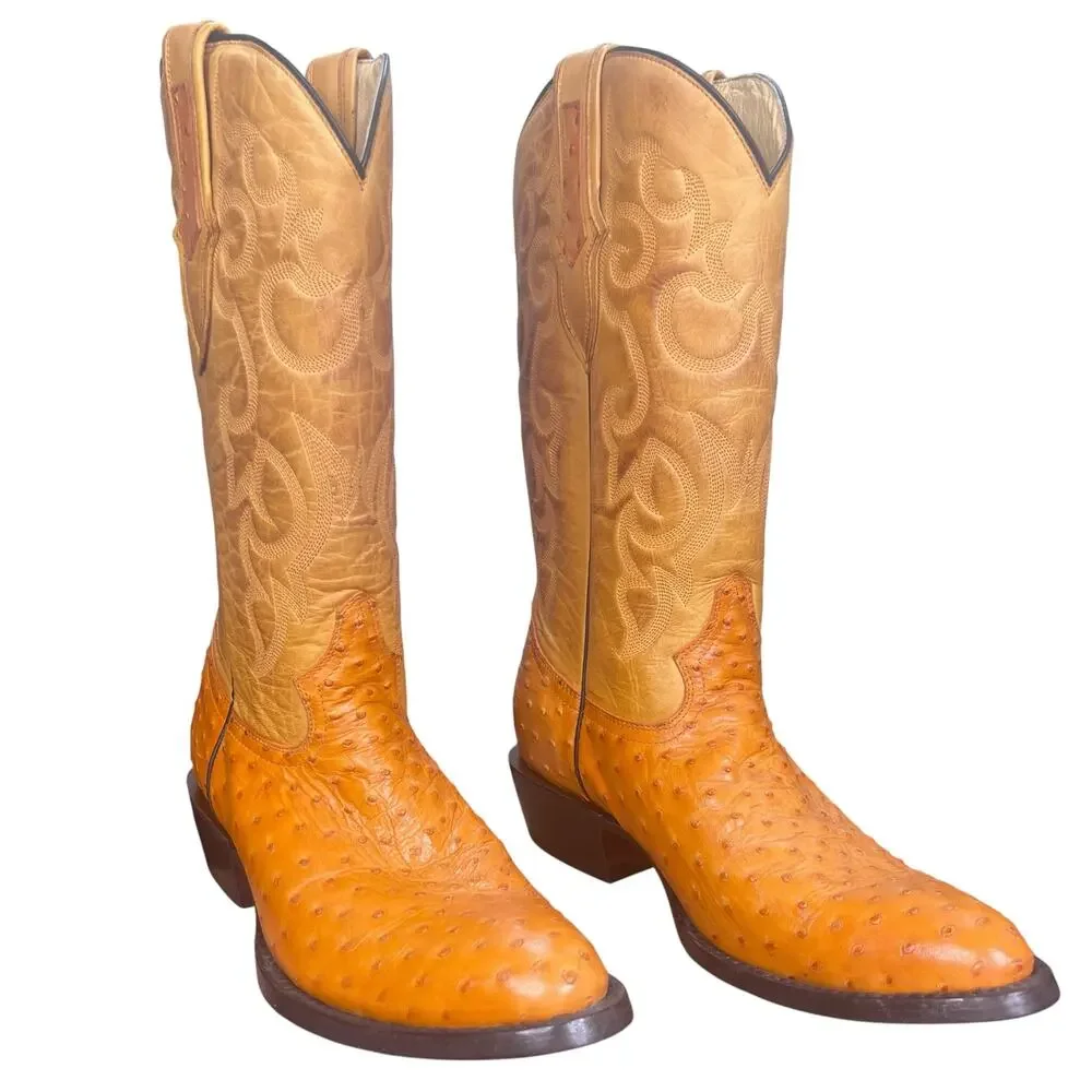 Soto Boots Ostrich Print Yellow Cognac Wide Cowboy Boots Size 10 EE